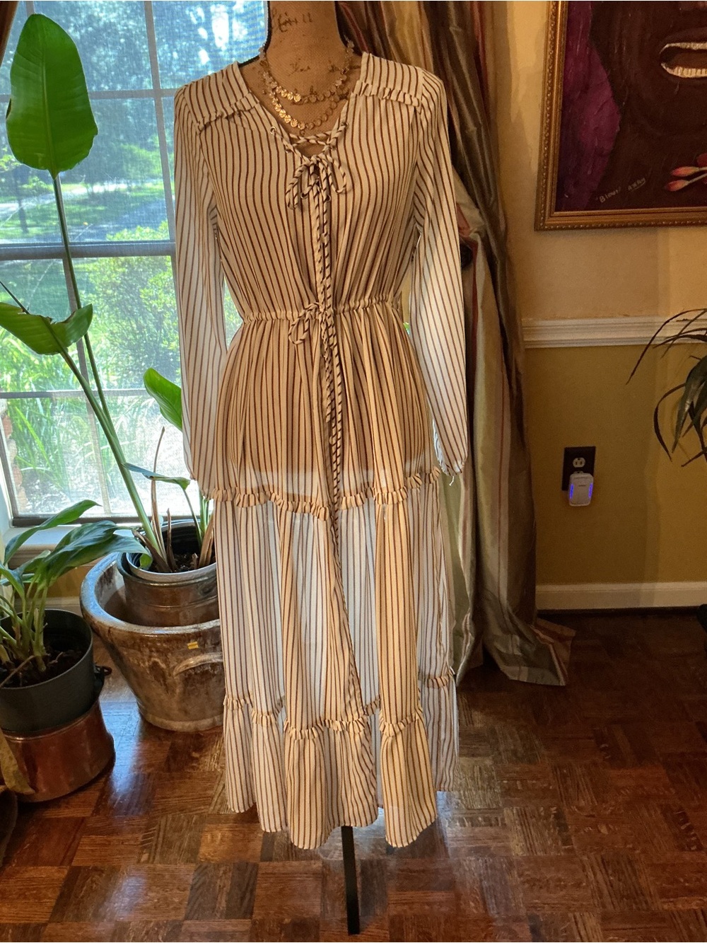 Striped Cream and Black Tie-Front Tiered Maxi Dress